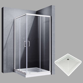 ELEGANT Chrome Finish Corner Square Shower Enclosure with 1/4 in. Clear Tempered Glass Double Sliding Shower Doors And White Square Base