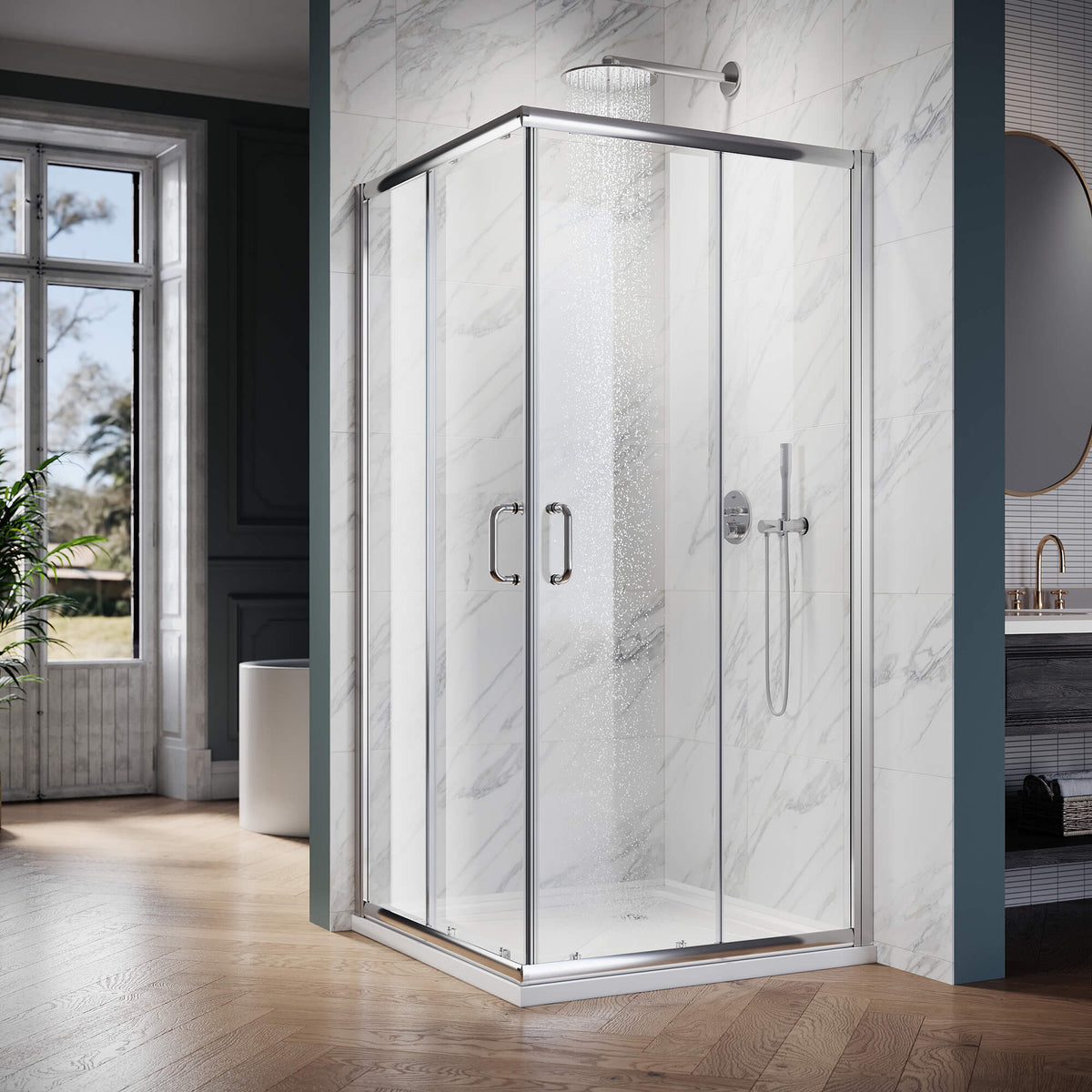 ELEGANT Chrome Finish Corner Square Shower Enclosure with 1/4 in. Clear Tempered Glass Double Sliding Shower Doors